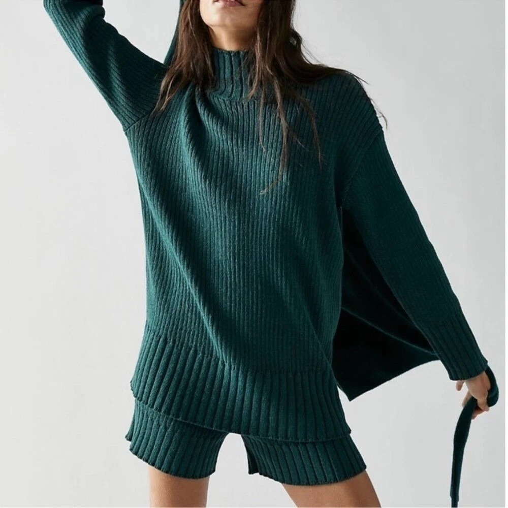 Free‎ People FP Beach Rib Knit Trez Set Mock Neck Sweater Pull-on Shorts Green S